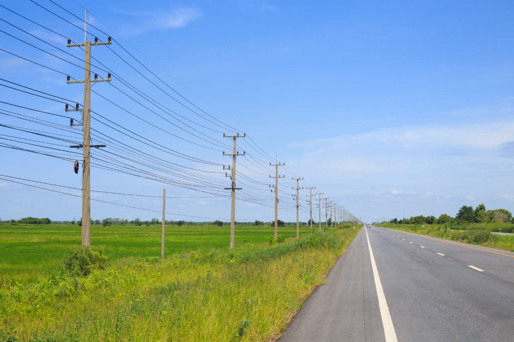 distribution lines along a country road