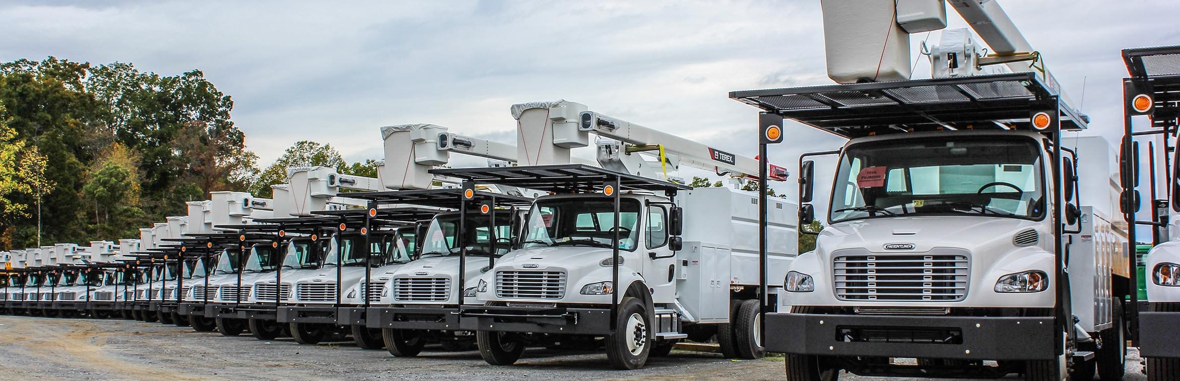 Line of Forestry Bucket Trucks