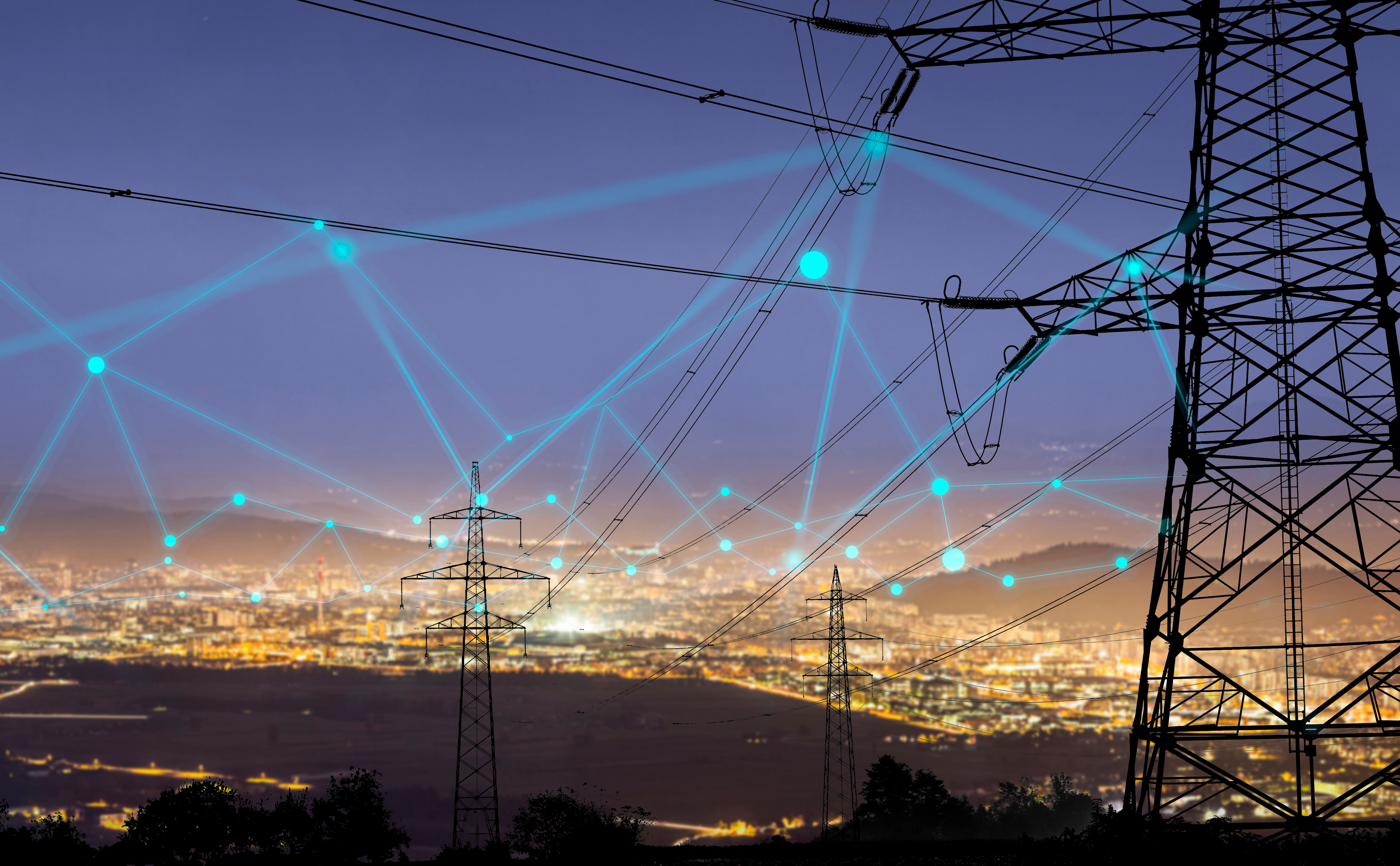 representation of an electrical smart grid as dots and lines connecting transmissions poles to a city at night