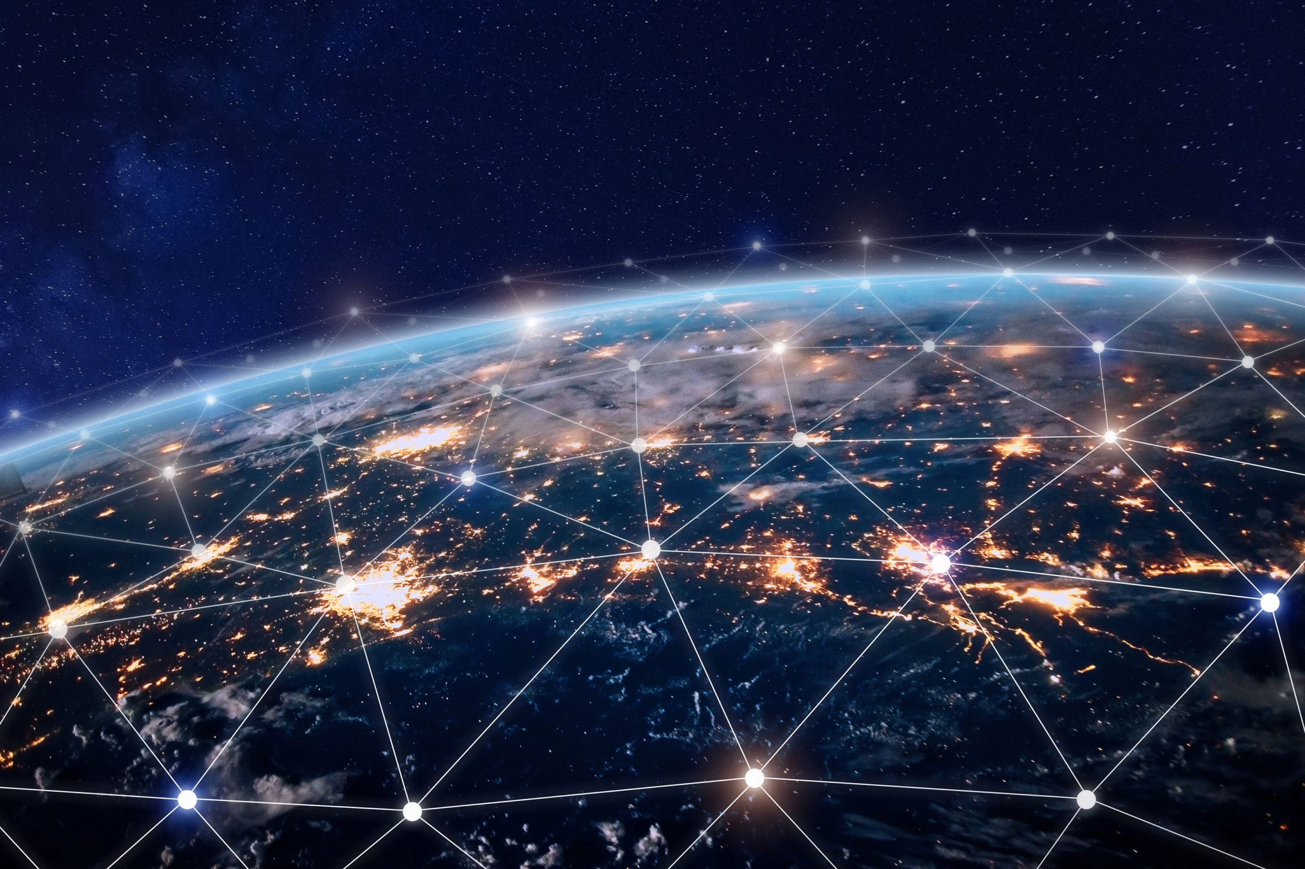 Global world telecom industry network with nodes connected around earth,