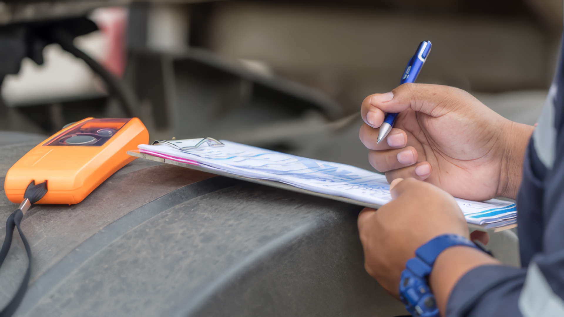 Technician completing a pre-delivery inspection checklist beside heavy equipment
